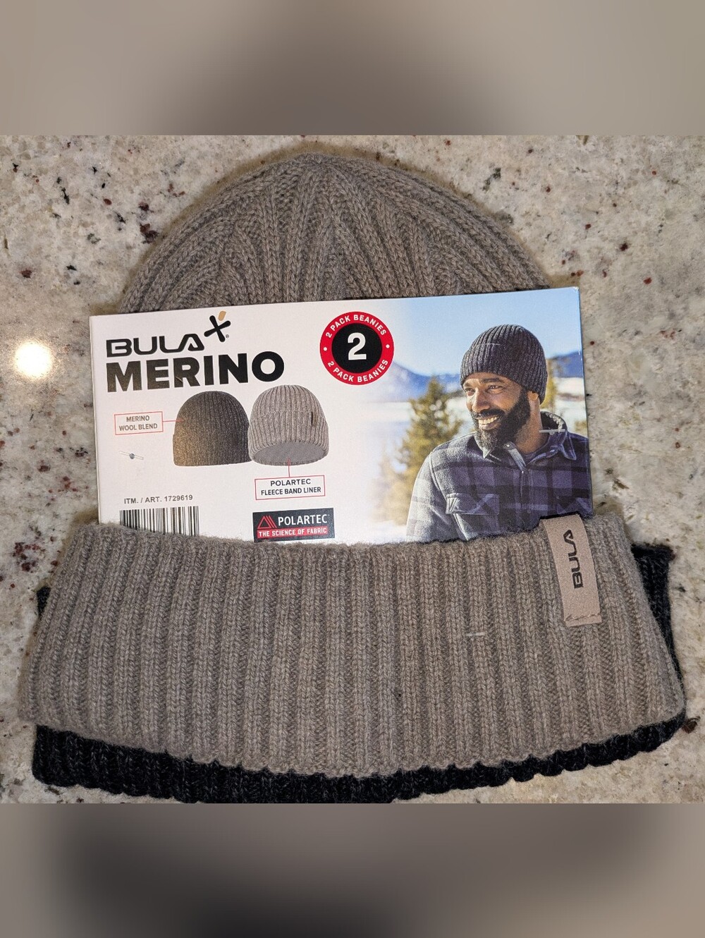 BULA Merino Wool Blend Beanie 2 Pack NWT Polartec Fleece Lined Gray Black OS